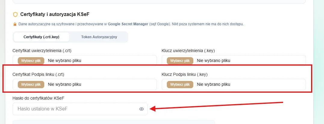 bFAST panel: link signing certificate and key fields, and the password for the KSeF certificates