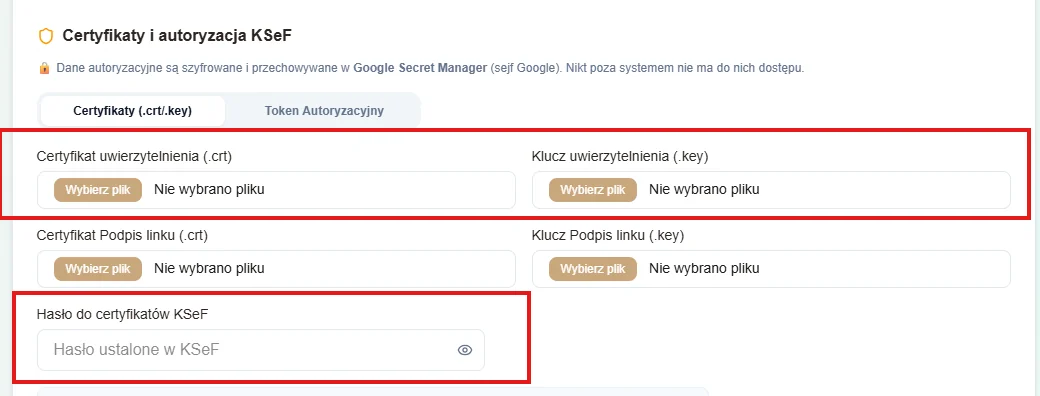 bFAST panel: authentication certificate and key fields, and the password for the KSeF certificates