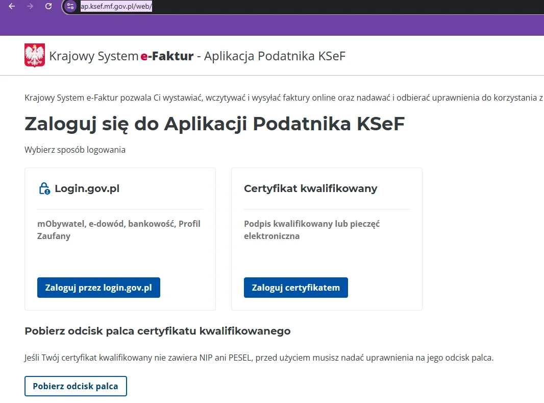 Login page of the KSeF Taxpayer Application (Aplikacja Podatnika KSeF) with a choice of login methods