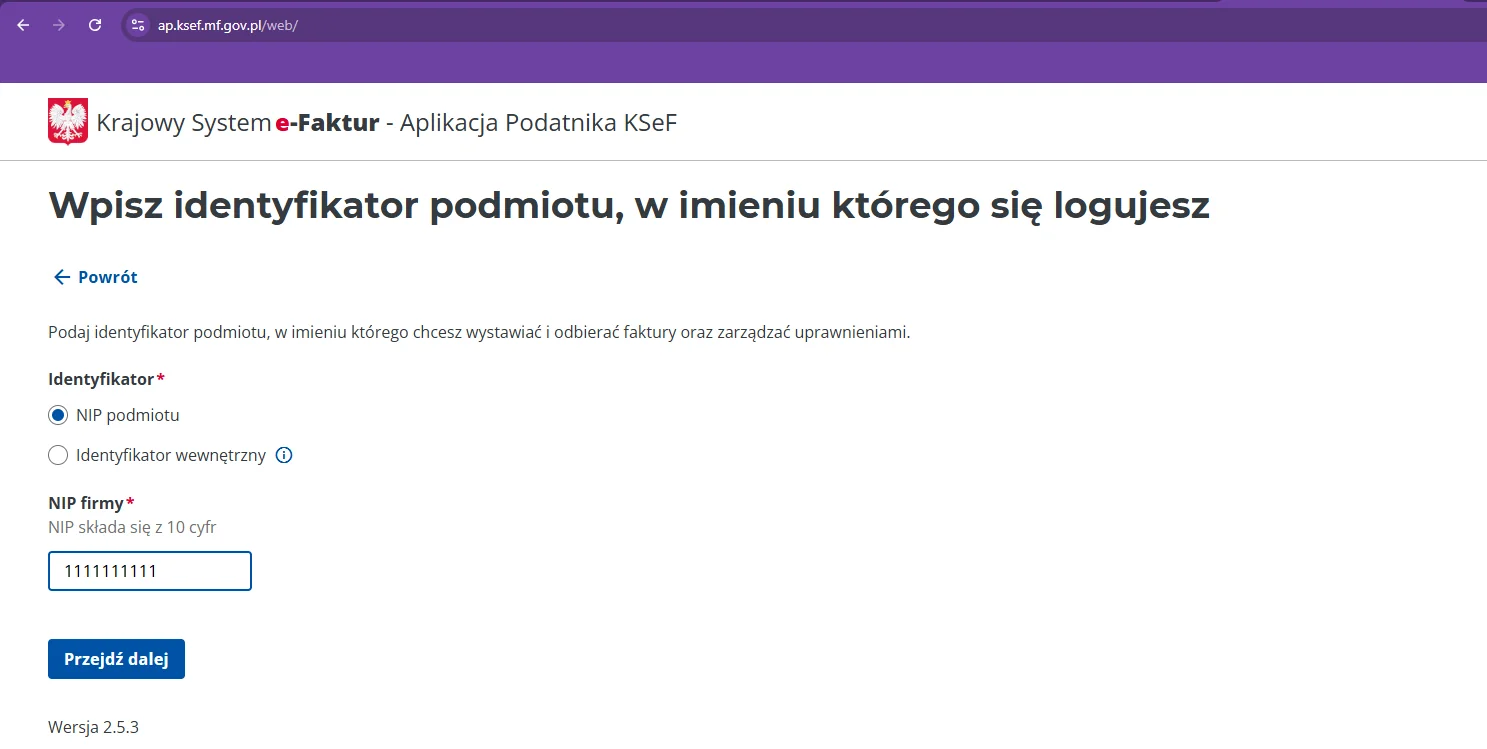 Screen for entering the NIP of the entity you are logging in to KSeF on behalf of