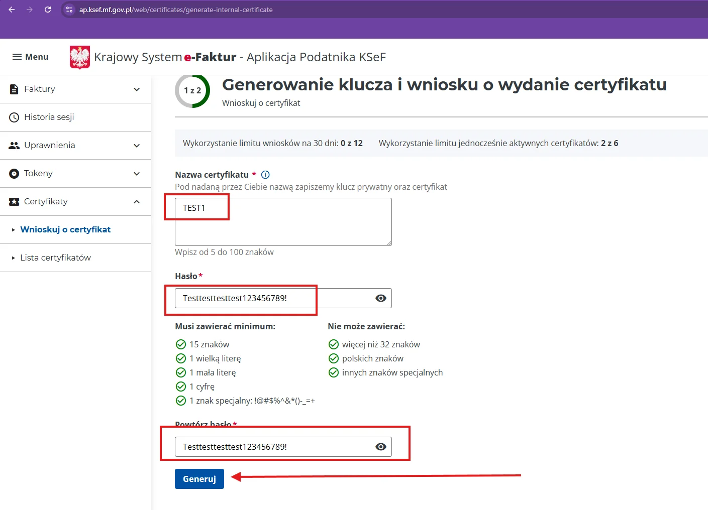 Form for generating a key and certificate request, with name and password fields