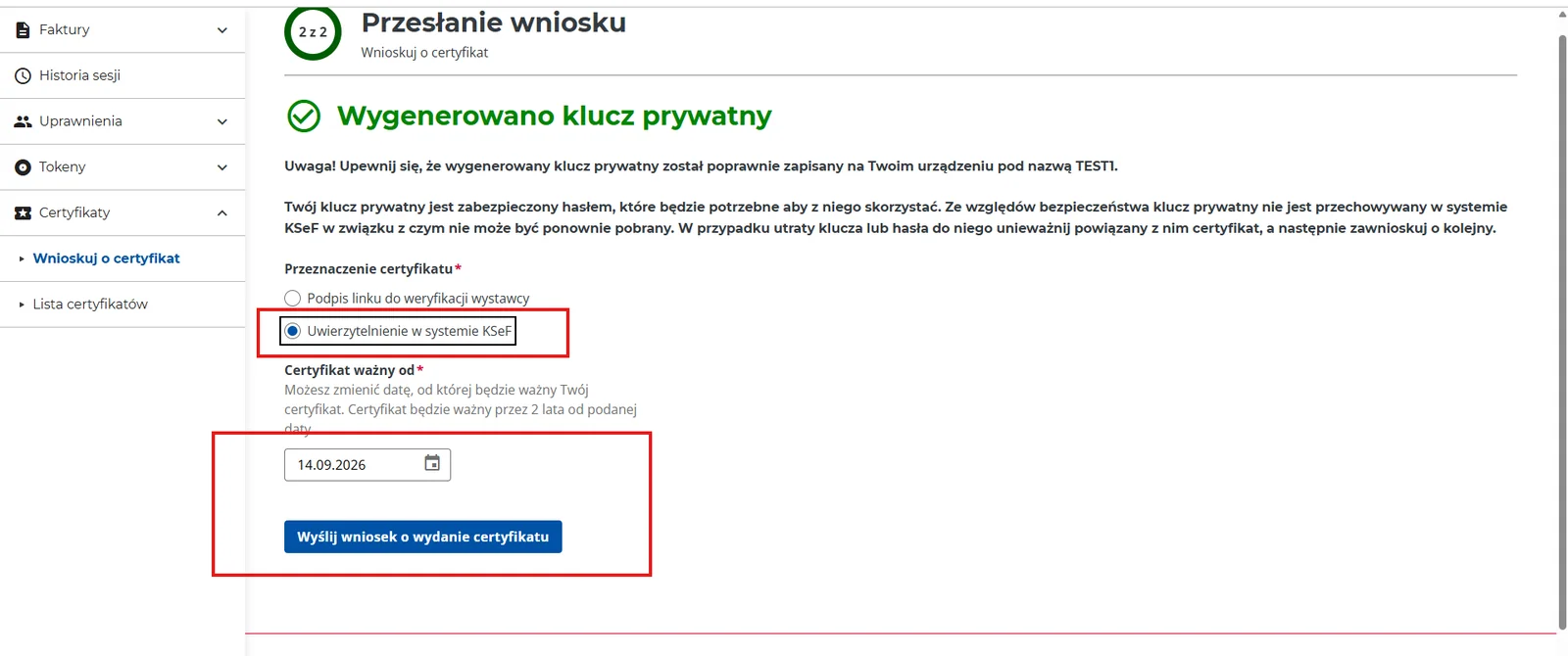 Selecting the „Uwierzytelnienie w systemie KSeF” certificate purpose, with the „Wyślij wniosek o wydanie certyfikatu” (Submit certificate request) button