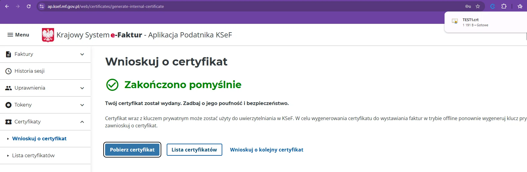 KSeF message confirming the certificate was issued, and the downloaded .crt file
